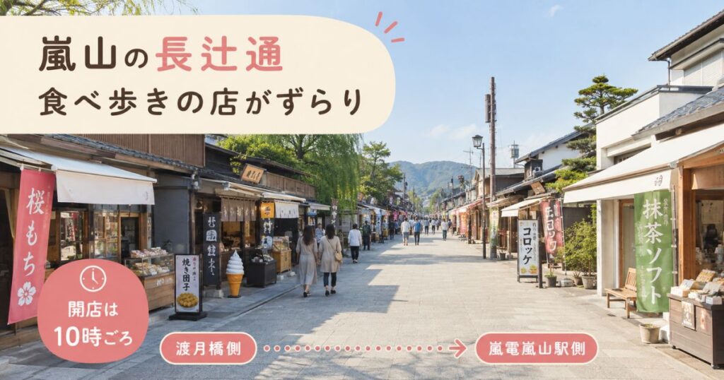 嵐山の長辻通に並ぶ食べ歩きの店|開店は10時ごろ