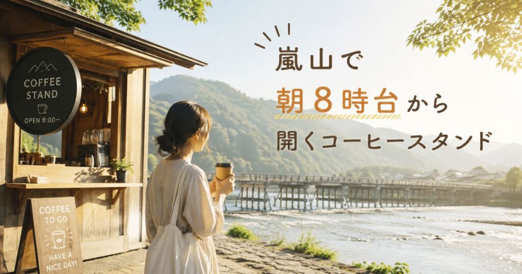 嵐山で朝8時台から開くコーヒースタンドと渡月橋の朝
