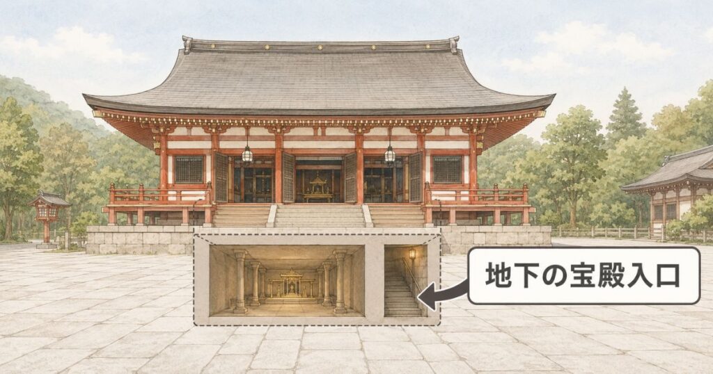鞍馬寺の本殿金堂と地下の宝殿へ続く入口のある一角