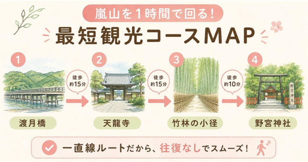 嵐山を1時間で回る最短観光コースのルートマップ