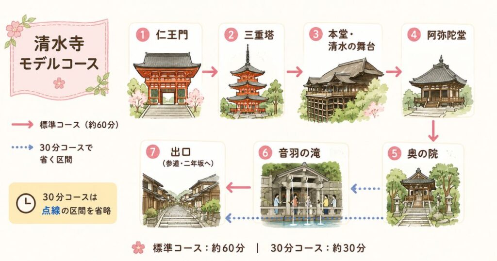 清水寺の順路を仁王門から音羽の滝まで示したモデルコース図