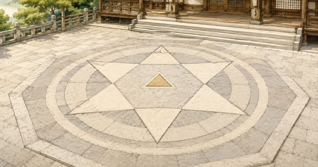 鞍馬寺の本殿前にある金剛床の六芒星と中心の三角