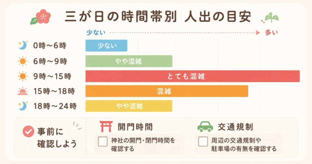 初詣の時間帯ごとの混み具合と確認しておく項目を示した図