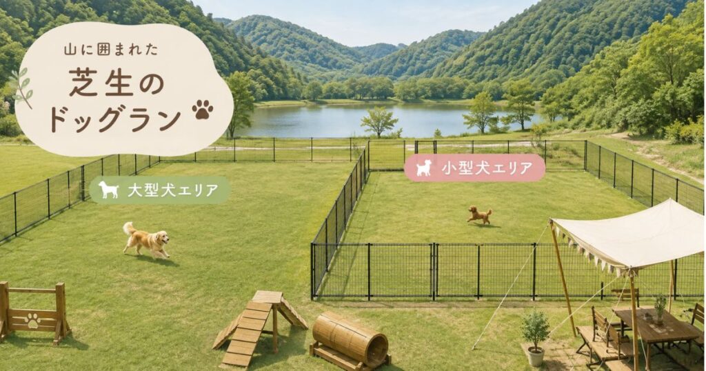 山に囲まれた芝生のドッグランでエリアごとに遊ぶ犬たち