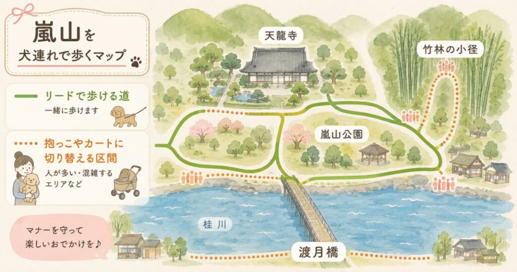 嵐山を犬連れで回るときにリードで歩ける道と抱っこに切り替える場所を色分けした地図