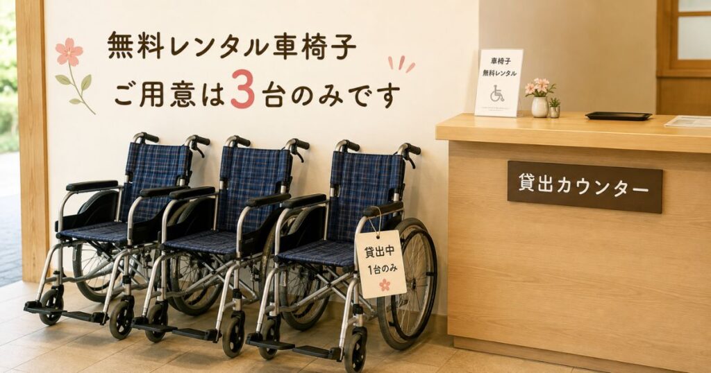 嵐山の貸出拠点に並ぶ無料レンタル用の車椅子と受付カウンター