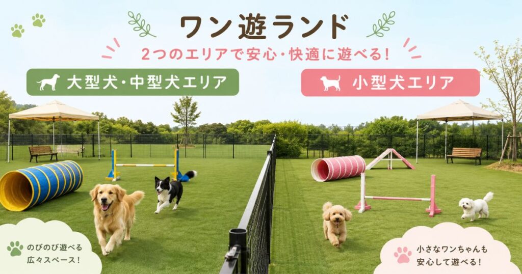 大型犬エリアと小型犬エリアに分かれたワン遊ランドの芝生とアジリティ