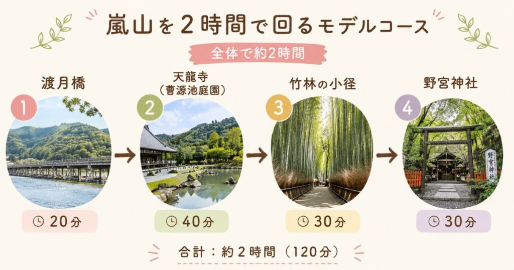 嵐山を2時間で回る渡月橋から天龍寺と竹林への観光ルート図