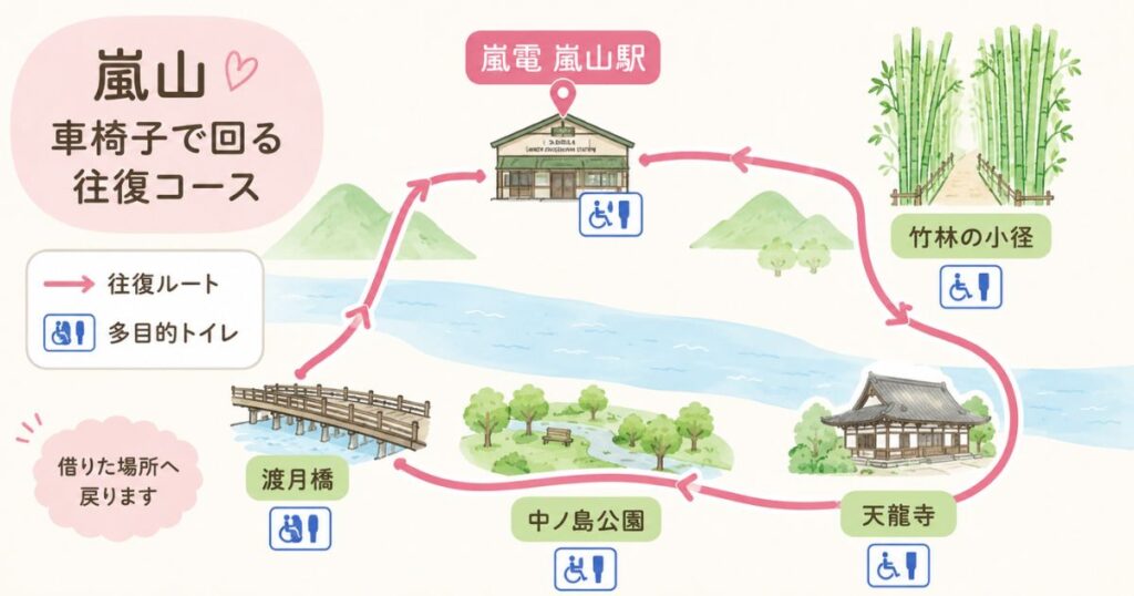 嵐山を車椅子で回る往復コースと多目的トイレの位置を示した簡易マップ